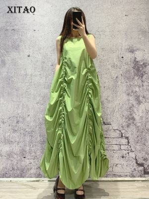 XITAO Dress Women  Loose Sleeveless Solid Shirring Dress
