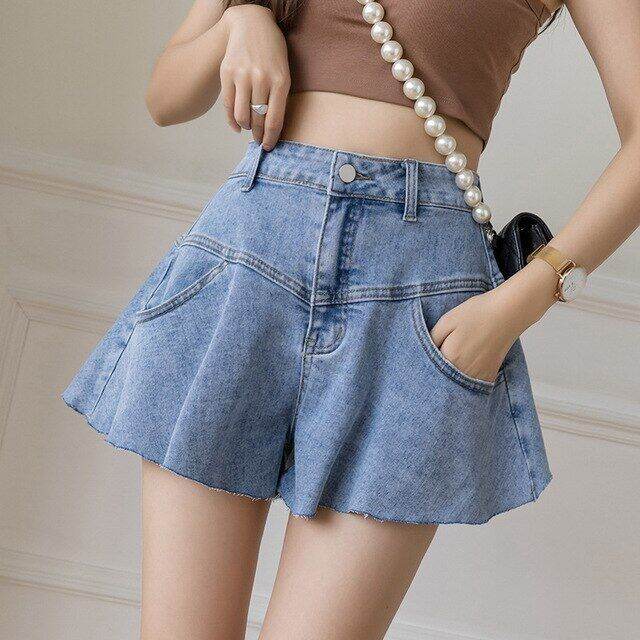 summer-fashion-elegant-temperament-design-flared-skirt-loose-high-waist-wide-leg-ruffle-denim-shorts-female-trend-street-style