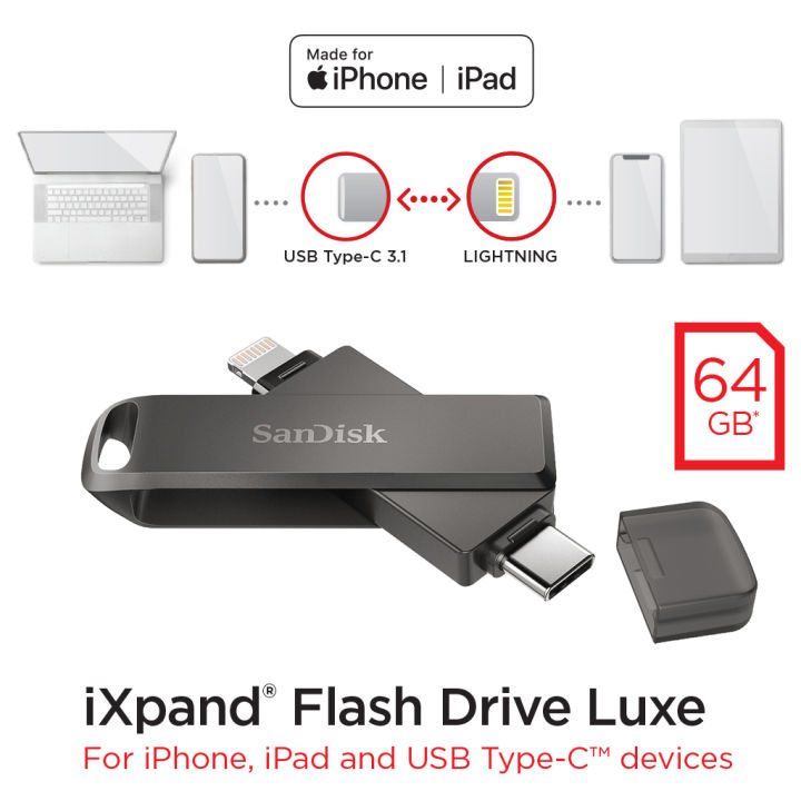 sandisk-ixpand-flash-drive-luxe-64gb-128gb-256gb-2-in-1-lightning-and-usb-c-sdix70n-256g-gn6ne-otg-flashdrive-แฟลชไดร์ฟ-2-หัว-สำหรับ-iphone-ipad-android-ไอโฟน-ไอแพด-แอนดรอยด์-รับประกัน-synnex-2-ปี
