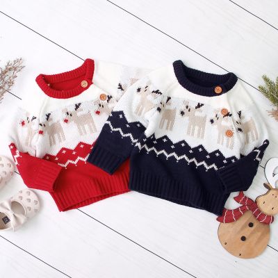 Christmas Children Girls Boy Knitted Cartoon Sweater Round Neck Long Sleeve Loose Sweater with Elk Pattern for Spring and Winter