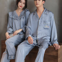 Sexy Couple Pajamas Set Spring Lovers Men Women Long Sleeve Ruffled Doll Collar Shirt Pants Sleepwear Satin Homewear Nightwear