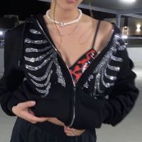 [Hot] Zip Up Gothic Black Hoodies Y2K Rhinestone Streetwear ผู้หญิงฤดูใบไม้ร่วงฤดูหนาวเสื้อขนาดใหญ่ Retro Grunge Punk Hooded Jacket