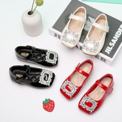 Spring Autumn 2023 Kids Shoes for Girl Leather Shoes Fashion Rhinestone Flat Heels Infant Girls Party Shoes Red Black