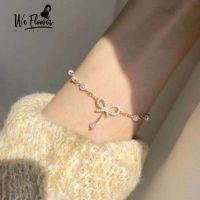 We Flower 14K Gold Sweet Lolita Crystal Bow Charm Pearl Beaded Bracelet for Women Girls Jewelry Gift