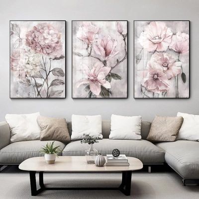 Nordic ดอกไม้สีชมพูภาพวาดผ้าใบดอกไม้โปสเตอร์และพิมพ์ภาพผนังสำหรับห้องนั่งเล่น Home Wall ตกแต่ง Cuadros