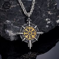 Retro Mix Gold Viking Compass Necklace Men Antique Stainless Steel Norse Rune Amulet Pendant Vegvisir Homme Scandinavian Jewelry