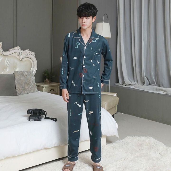 muji-high-quality-mens-young-and-middle-aged-pajamas-summer-thin-pajamas-cotton-long-sleeved-spring-and-autumn-loose-going-out-home-service-suit-winter