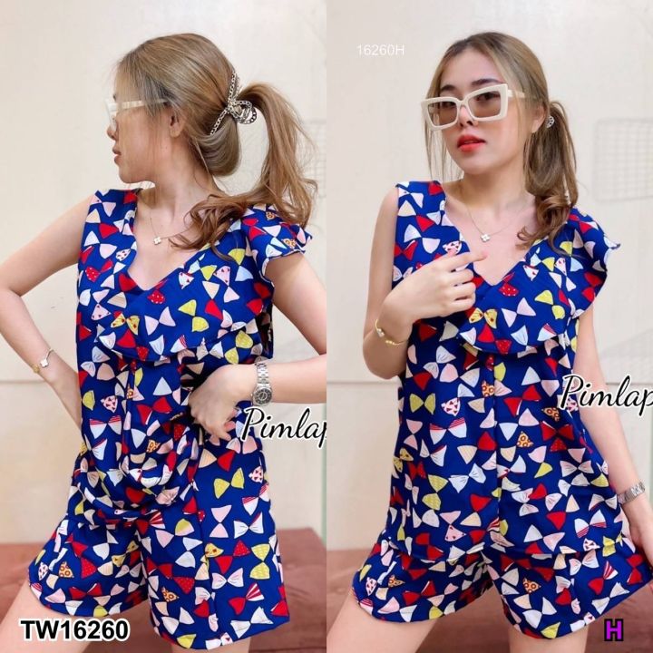 tw16260-set-2-ชิ้น-เสื้อ-คอวี-ระบายด้านหน้าและด้านหลัง