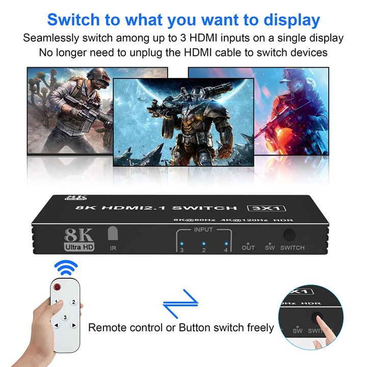 8K HDMI Switch 4 in 1 out, HDMI2.1 switcher, supports 8K@60Hz and 4K120Hz  VRR, HDCP2.3, HDR Dolby vision Atmos, Remote control, CEC