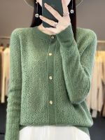 利Autumn Women Cardigans 100% Merino Wool Sweater O-Neck Hollow Long Sleeves Cashmere Knitted Coat Female Clothing Korean Style