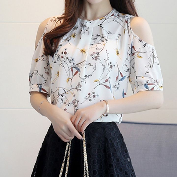 เสื้อเบลาส์พิมพ์ลายผ้าชีฟองสไตล์เกาหลีสำหรับผู้หญิงเสื้อไหล่เปิดหรูหราเสื้อเชิ้ตลายดอกใหม่