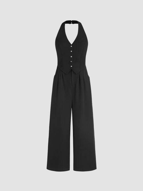 Cider Solid Halter Button Jumpsuit Lazada.co.th