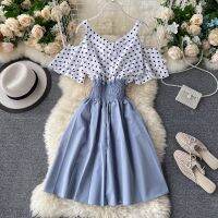 【Ladies shop】 Fmfssomfspring PatchworkBow สปาเก็ตตี้ StrapWomen หญิง A-Line เอวสูง Midi Dress