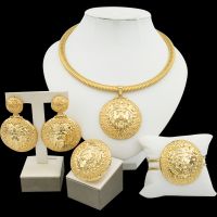 【lz】✜  African Dubai Jewelry Set para Mulheres Colar Redondo com Pingente Brincos Soltos Pulseira Anel Presentes de Festa Acessórios 4Pcs