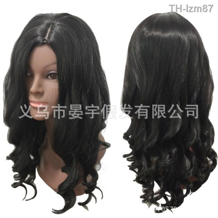 วิกผม-wig-วิกผมลอนใหญ่สีดำลอนยาวปานกลางผมปลอมสีดำเลดี้ชิ้นเดียว