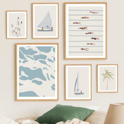 ☃♦▲ Minimalist Beach Ocean ดอกไม้ Wall Art เรือใบภาพวาดผ้าใบสระว่ายน้ำโปสเตอร์และภาพพิมพ์สำหรับตกแต่งห้องนั่งเล่น