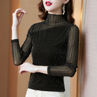 Autumn 2021 New Womens Mesh Bottoming Shirt Womens Thin Inner Match Small Shirt Black Long-Sleeved T-shirt Lace Top