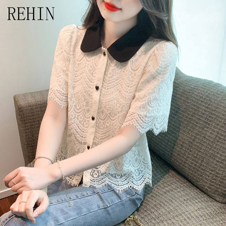 rehin-เสื้อลูกไม้ประดับคอตุ๊กตาฝรั่งเศสสำหรับผู้หญิง-เสื้อเสื้อผู้หญิงแขนสั้นแฟชั่นฤดูร้อนใหม่