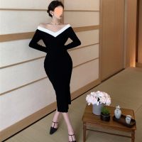 Autumn a word shoulder dress black female autumn temperament of restoring ancient ways of French collar waist long skirt sexy hip skirt