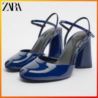 ZARAˉWomens shoes Blue patent leather effect Round head thick heel high heel shoes 1256010 407