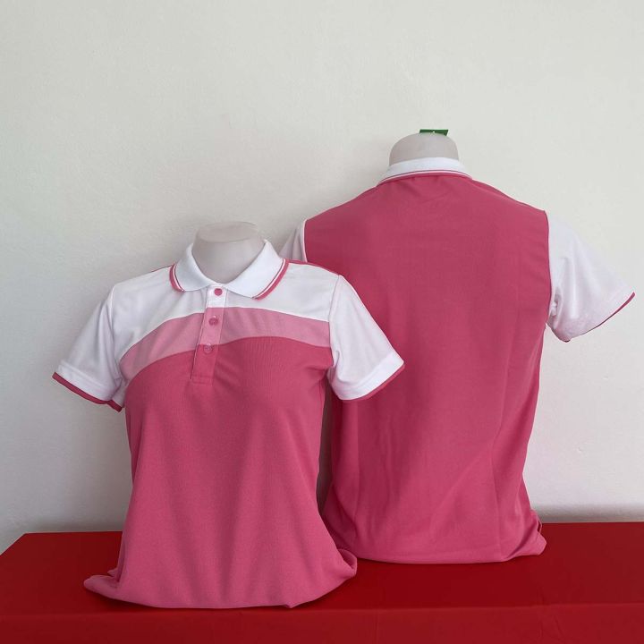เสื้อโปโล-แบบตัดต่อสีชมพู-สลับขาว-ด้านหลังของเสื้อเป็นสีชมพู-ซักแล้วไม่ขึ้นขุย-ไม่ไม่ขน-ใส่ได้นาน-ซักง่าย-แห้งไว-แบบชาย-ทรงตรง