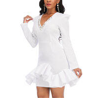 White Christmas Party Dress Ruffles with Bead Sexy V Neck Party Long Sleeves Bodycon Celebrate Event Date Out Occation Vestidos