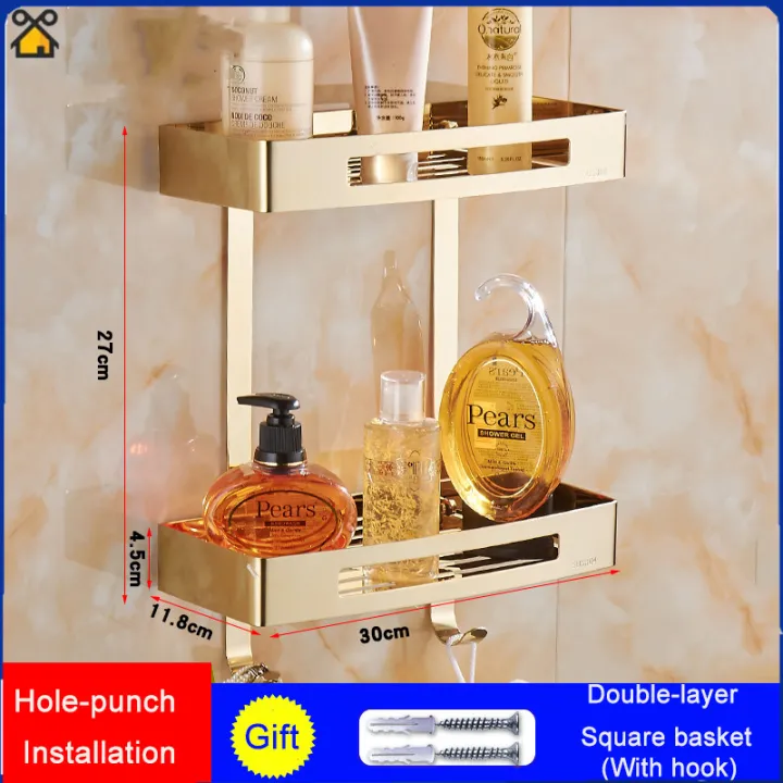 Stainless Steel Bathroom Square Rose Gold Storage Rack Basket Basket