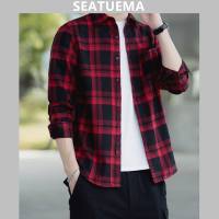 SEATUEMA เสื้อผู้ชายเกาหลีรุ่นเทรนด์ลายสก๊อตพิมพ์ลายใหม่หลวมหล่อชายหนุ่มเสื้อแจ็คเก็ตเสื้อด้านบน