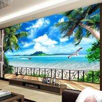 ภาพที่กำหนดเอง Self Adhesive Wallpaper ภาพจิตรกรรมฝาผนังชายหาดหน้าต่างระเบียงทิวทัศน์ริมทะเลห้องนั่งเล่นตกแต่งบ้านภาพฝาผนัง