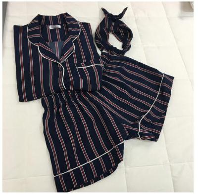 Plus Size Summer  Fashion Women Pajamas Turn-down Collar Sleepwear 2 Two Piece Set Shirt+Shorts Striped Casual Pajama Sets