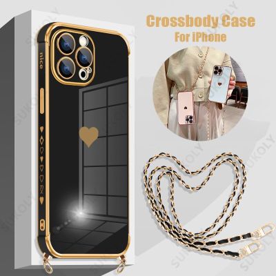 Crossbody Strap Lanyard Case For iPhone 14 13 12 11 Pro Max XR XS 8 7 Plus Luxury Plating Love Heart Soft Silicone Phone Cover
