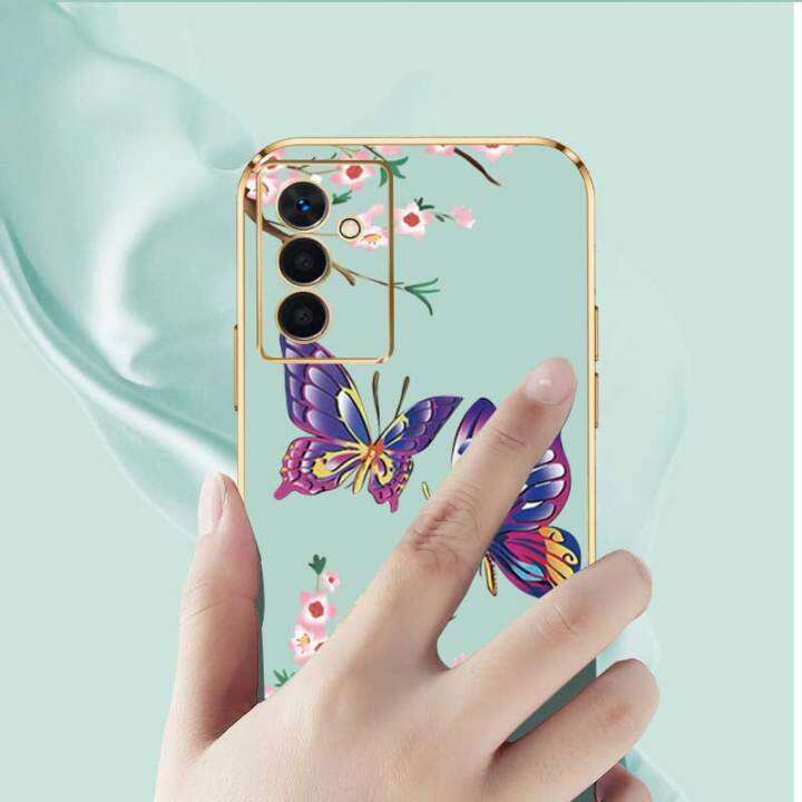 เคส-samsung-a13-5g-samsung-a04s-หรูหราผีเสื้อกับกล้องดอกไม้เคสโทรศัพท์ขอบชุบซิลิโคนนิ่มฟรีสายคล้อง