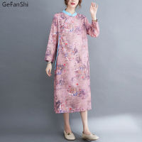 New Arrival 2022 Autumn Winter Women Cotton Linen Casual Dress Vintage Print Loose Female A-line Long Cheongsam Dresses Green