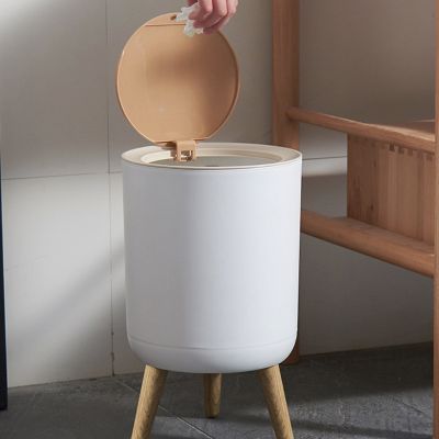 Fashion High Foot Imitation Wood Dustbin Round Desktop with Press Cover Trash Can Living Room Toilet Kitchen Garbage Rubbish Bin