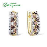 SANTUZZA 925 Sterling Silver Stud Earrings Jewelry Earrings For Women Round Chocolate White Cubic Zircon 925 Sterling Party