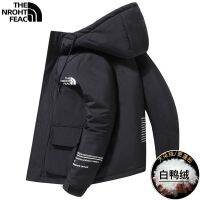 ☫♂The North Face เสื้อขนเป็ดแบบไดนามิกฤดูใบไม้ร่วงและฤดูหนาว2022ของผู้ชายเทรนด์ใหม่ทรงหลวมหนาอบอุ่นมีฮู้ดเป็ดสีขาวเสื้อขนเป็ด