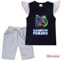 Rainbow Friends Ro Bloxs 2ชิ้นลายการ์ตูนผ้าฝ้ายเด็กผู้หญิงและเด็กผู้ชายเสื้อยืดแขนกุด + กางเกงขาสั้นแฟชั่นลำลอง0000