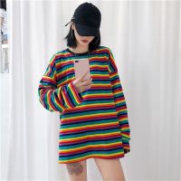 Women Rainbow Colorful Striped Rainbow Sweater Jumper Long Sleeve O-Neck Pull Knitwear Female Knitted Pullovers Pull Femme