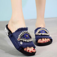 Denim Women Casual Summer Flat Beach Slippers Female Crystal Slides Shoes Women Sandals Fashion Ladies Flip Flops Footwear b195