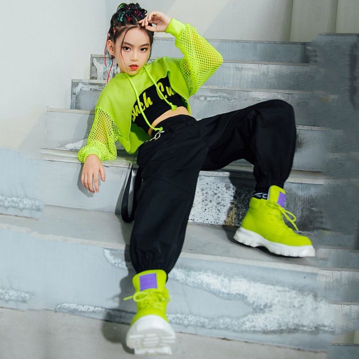 jazz-costume-hip-hop-girls-clothing-green-tops-net-sleeve-black-hip-hop-pants-for-kids-performance-modern-dancing-clothes