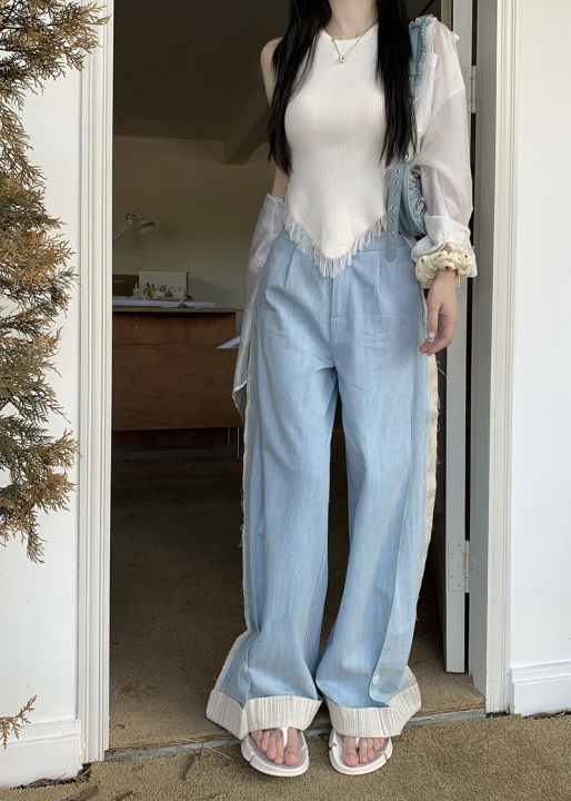 lisezo-เสื้อผ้าผู้หญิงเกาหลี-y2k-แฟชั่นเอวสูงแผงม้วน-cal-กางเกงขากว้าง