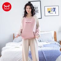 MiiOW Simple พิมพ์ผ้าฝ้ายแขนยาวกางเกงฤดูใบไม้ร่วงและฤดูหนาวชุดนอน Loungewear ชุดนอนสตรีชุด Homewear 1928