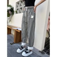 Checkered Radish Casual Two Wear Pants with Elastic Elastic Waist Design Style Fashion Casual Pants