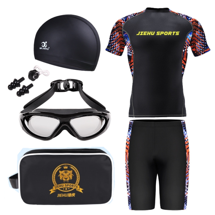 hnf531-l-4xl-men-short-swimming-set-male-adult-anti-embarrassment-five-point-large-size-quick-drying-swimming-hot-spring-goggles-equipment-set-short-rash-guard-pantnose-clipearplugscapsgoggles-and-bag