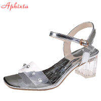 Aphixta 6.5cm Square Heels Summer Rivets Women Sandals Transparent Silver Slides Cool Open Toe Flip Flops Mujer Big Size 45 46