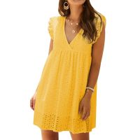 WomenS Sexy V-neck Butterfly Sleeve Hollow Lace Dress Casual Loose Summer Short Dress