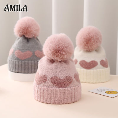 AMILA หมวกถักแจ็คการ์ดหนาสองเท่าหมวกเด็กอ่อนใหม่สำหรับฤดูหนาวหมวกเด็กแรกเกิด