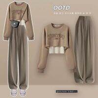 【CC】▩  Womens Fashion Tracksuit Korean Loose Short Sweater Matching Sets Female Fake Two-piece Blouse Pants