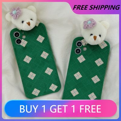๑ Korean 3D Cute Bear Phone Case For IPhone 13 12 11 Pro Max XR XS 7 8Plus SE2020 Green Grid Soft Fabric Silicone Protection Cover