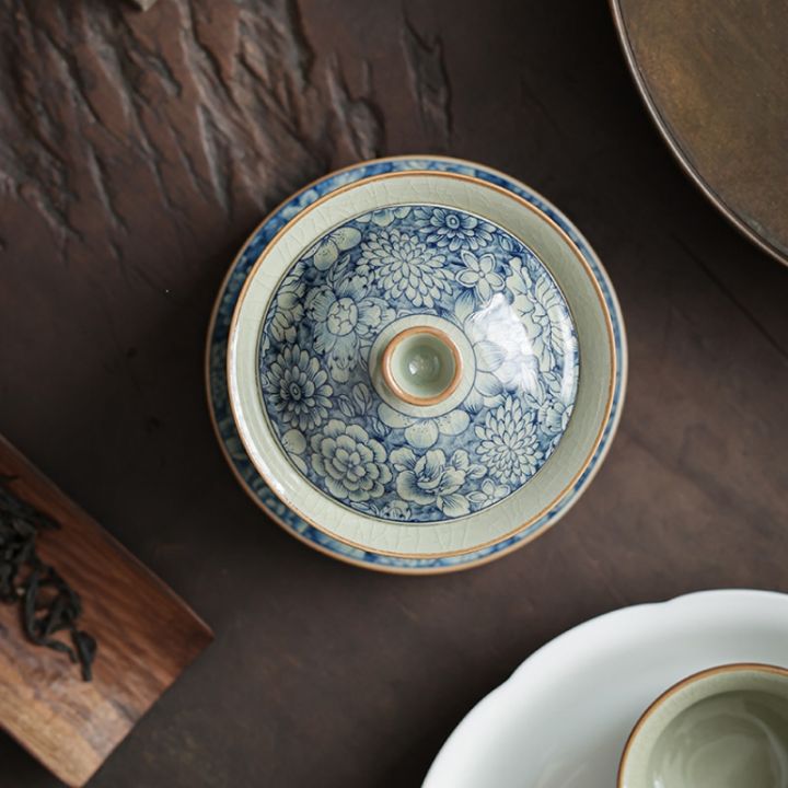 ดอกไม้โบราณเซรามิคเปิด-gaiwan-สำหรับชาสีฟ้า-tureen-teaware-ชุดชาจีนชาม-chawan-lily-deng-s-store-ถ้วยชา